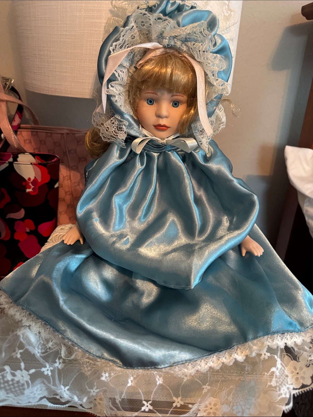 Porcelain Doll in Satin Dress - Classic Collectible